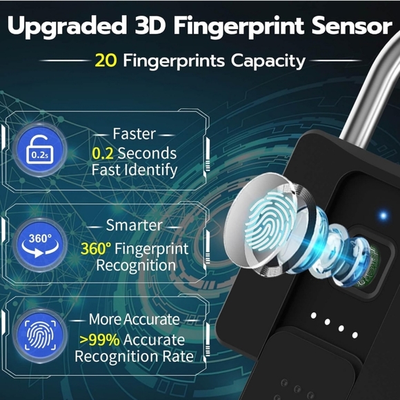 Fingerprint Padlock Key Backup Weatherproof Biometric Bluetooth New - Picture 3 of 7
